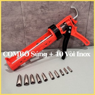 COMBO Súng Silicon Tự Ngắt Và 10 Vòi Keo Inox Chống Gỉ, Dụng Cụ Bơm Keo Silicone