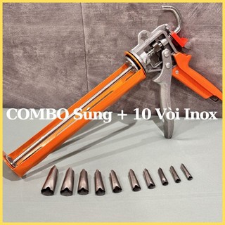 Súng Bắn Keo Silicone Tự Ngắt Bằng Thép Và 10 Vòi Inox , Dụng Cụ Bơm Keo Silicone, Bơm Keo Silicon