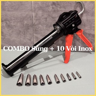 Súng Bắn Keo Silicone Siêu Cao Cấp Trợ Lực Công Nghiệp Và 10 Vòi Inox, Dụng Cụ Bơm Keo Silicone, Súng Bơm Keo Silicone