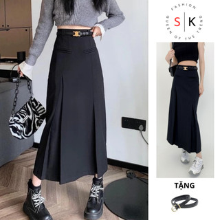 Chân Váy Dáng Dài Cạp Cao Đẹp Kiểu Xếp Ly 2 Túi Chất TUYẾT Hàn Cao Cấp, Chân Váy Vintage Hàn Quốc Tặng Dây Lưng 003SK