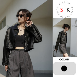 Áo khoác da nữ croptop basic đẹp chất da mềm cao cấp, áo khoác da dài tay cúc bấm màu đen trơn phong cách năng động-SK