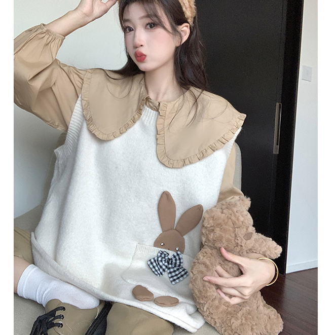 Áo gile len nữ kiểu vintage, set gile len nữ phối sơ mi tay bồng cổ búp bê form rộng Hàn Quốc 8053