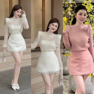 Sét bộ dự tiệc Áo dài tay đính hoa kèm chân váy kiểu dán hàn quốc