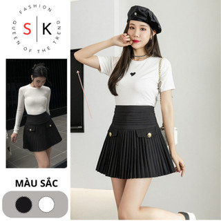 Chân Váy Xếp Ly Xoè Chữ A Váy Ngắn Midi Cao Cấp,Chân Váy Công Sở,Tennis Đẹp Hàn Quốc Phối Khuy Nắp Túi Đen,Trắng-0025SK