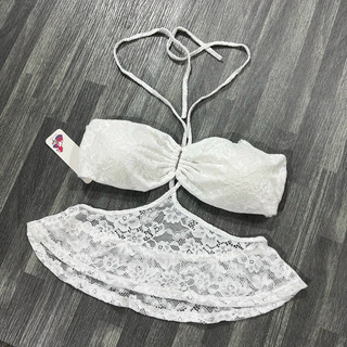 Áo Croptop Cổ Yếm Cột Dây Khoét Eo Ren