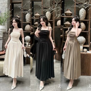 Đầm váy nữ 2 dây phối gân tăm họa tiết nhún ngực sang chảnh dễ thương phối dáng xòe duyên dáng đi chơi dự tiệc