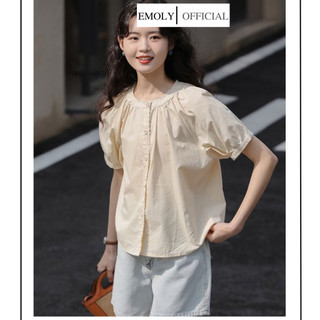 Áo sơ mi ngắn tay, Áo nữ dáng ngắn cổ tròn màu trơn vintage phong cách Hàn Quốc thời trang mùa hè cho nữ