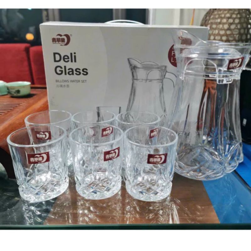 bộ bình 6 cốc thuỷ tinh  cao cấp deli sang trọng lịch sự.bộ bình cốc thuỷ tinh kẻ sọc