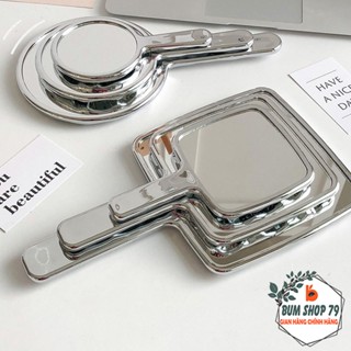 Gương Cầm Tay Trang Điểm Bạc Nhiều Kích Thước Hình Tròn Và Vuông, Gương Makeup Có Tay Cầm Thiết Kế Lấp Lánh Thời Trang