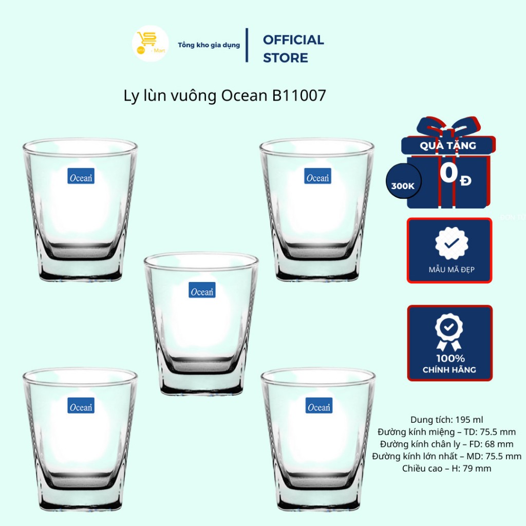 Ly Uống Trà, Ly Cà Phê,Cốc Thuỷ Tinh, Ly Thủy Tinh Lùn Vuông Ocean B11007 Mta-Mart Trong Suốt, Dày Dặn, Chắc Chắn