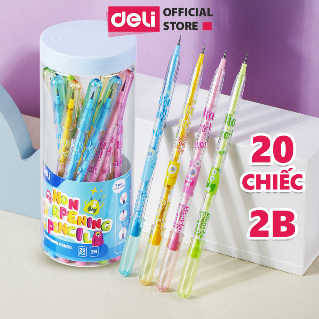 [TRỢ GIÁ] Hộp 20 Bút Chì Khúc 2B Học Sinh Deli Chì Đậm Hình Dễ Thương - Bút Viết Chì Đốt Cho Bé Tập Viết