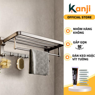 Giá kệ để khăn, để đồ nhà tắm KANJI dán tường, kèm thanh và móc treo quần áo. Chất liệu Nhôm hàng không cao cấp chống gỉ