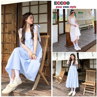 Váy 2 dây nữ váy maxi buộc nơ vai chất đũi lụa mềm dáng xòe nhẹ nhàng nữ tính mặc đi du lịch đi biển - ECCOO