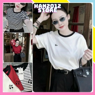 Áo Baby Tee Tay Ngắn Thêu CHERRY Cổ Viền Đen Dáng Ôm Body Chất Thun Tăm Bozip Co Giãn