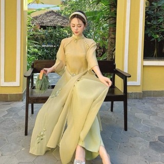 Áo Dài Cách Tân Tay Lỡ Chất Liệu Tơ Óng Họa Tiết Thêu Đính Cúc Đẹp