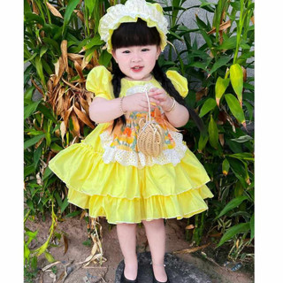 Váy công chúa lolita vàng phối ren cho bé gái 4-16 kg,váy cho bé đầy tháng,snh nhật