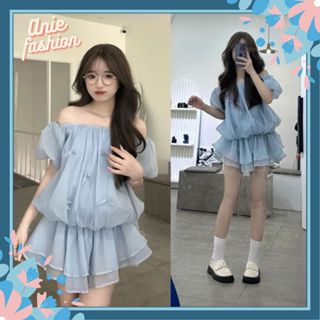 Váy áo trễ vai voan tơ quả bí đính nơ tiểu thư bánh bèo 2 lớp Anie-V738