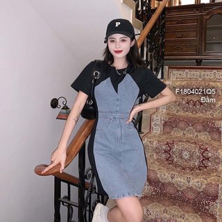 Đầm kiểu ôm zip tàu đen pha jean cổ tròn tay ngắn hàng đẹp! TOMBI SHOP