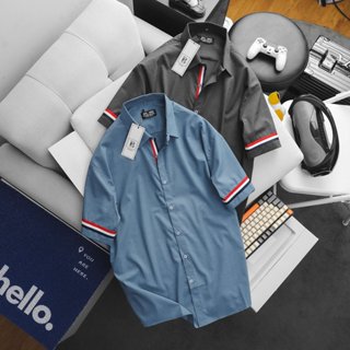 Big size - Áo sơ mi tay ngắn vải lụa QC form big size phối dây tay thời trang 85-130kg bigsize nam cỡ đại