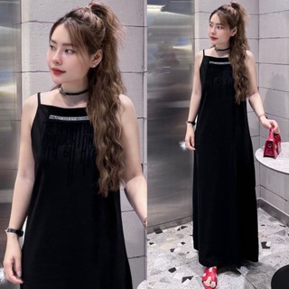 Váy Hai Dây Dáng Dài - In Hai Chất Liệu Nhung Và Đính Cườm - Chất Liệu Cotton Cao Cấp Nữ