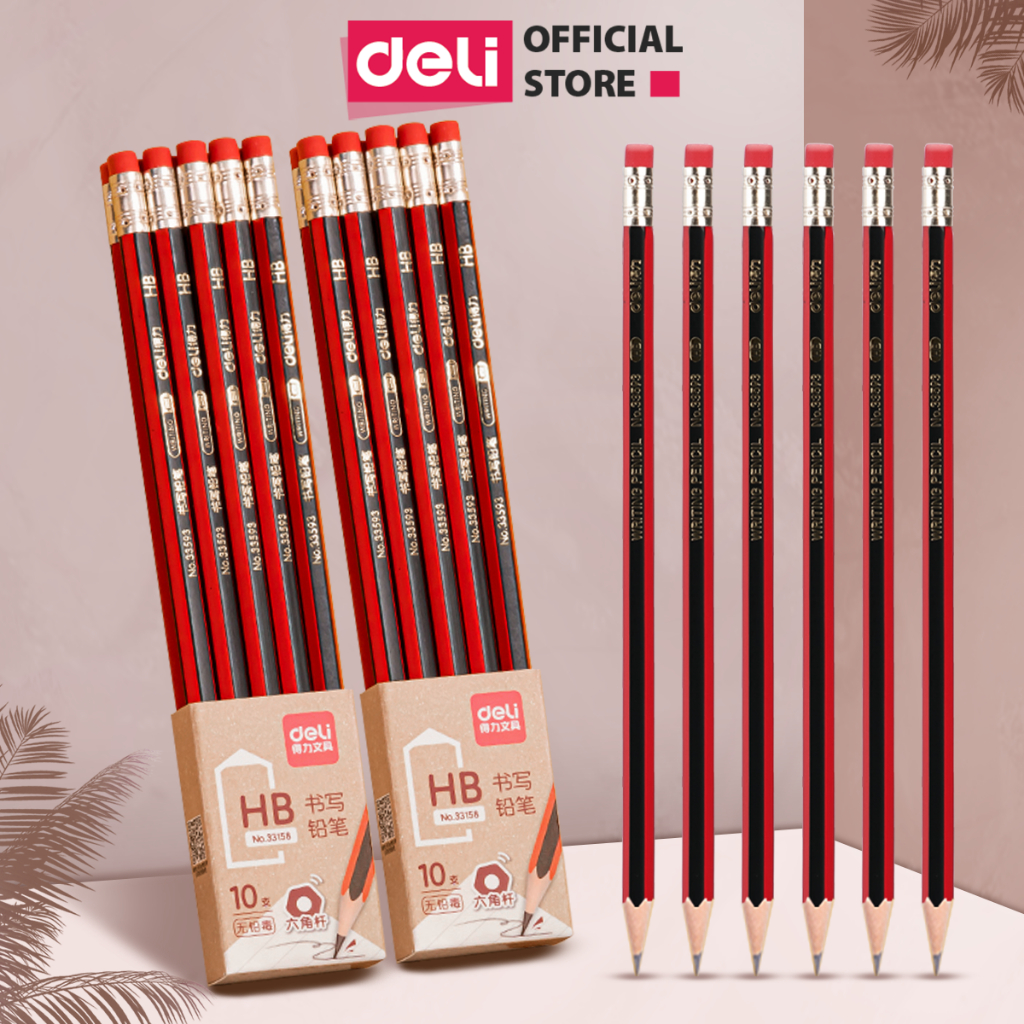 Vỉ 10 bút chì lục giác Deli 2B/HB kèm đầu tẩy - Bút chì viết chất liệu gỗ an toàn dễ gọt phù hợp với học sinh văn phòng
