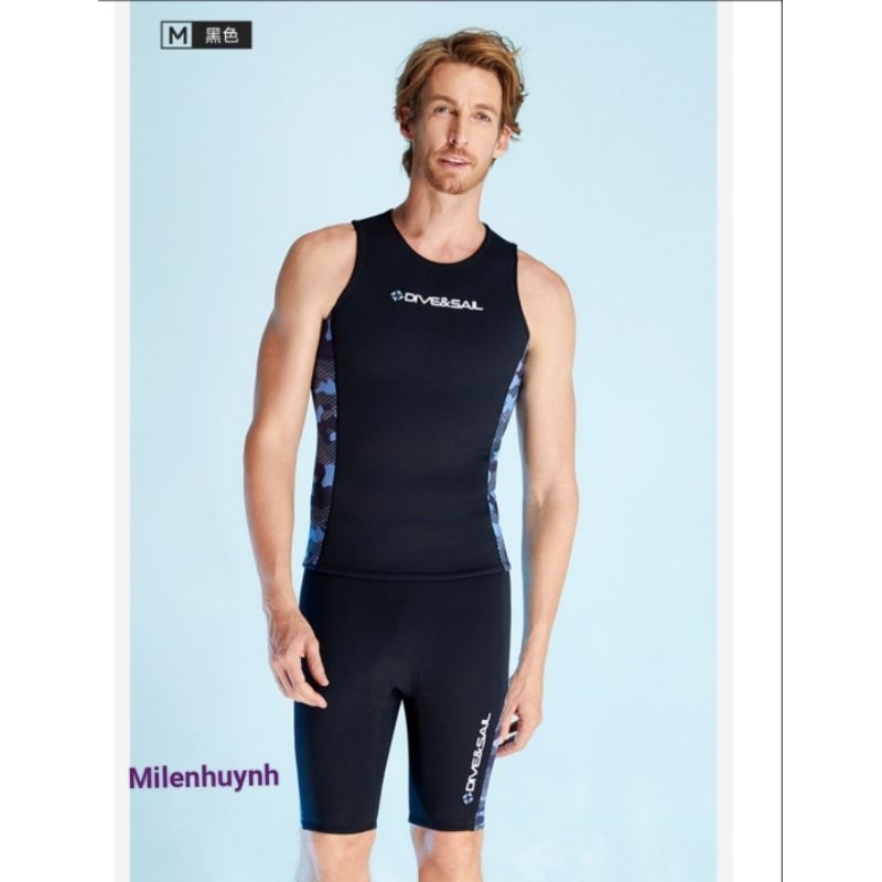  Áo bơi sát nách lẻ  quần bơi ngắn giữ nhiệt cho nam dày 2mm D242233M D246223M  form to cao su neoprene hiệu Dive & Sail 
