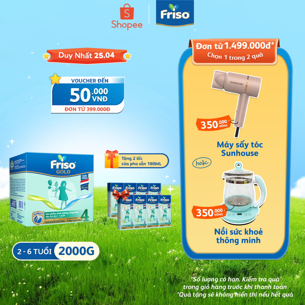 [Tặng 2 lốc sữa pha sẵn RTD 180ml] Sữa Bột Friso Gold 4 Hộp Giấy 2kg (Dành Cho Trẻ Từ 2 - 6 Tuổi)