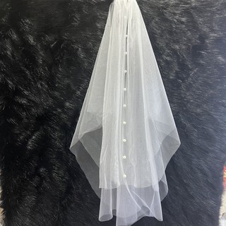 Voan lup cô dâu trắng dài 90 cm trơn đính hạt trai dọc thảo ny bridal
