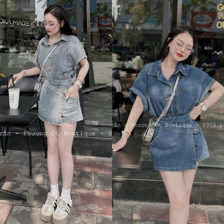 Set áo sơ mi jeans kèm chân váy đắp chéo