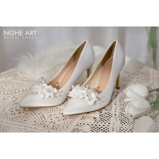 Giày cưới nghé art cao gót lụa satin dãy hoa 460-416-8p5