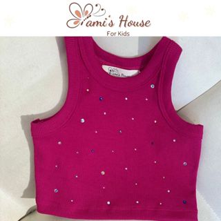  Áo Croptop Đính Đá Bling Bling Cho Bé Gái Màu Hồng Đậm Áo Thun Ba Lỗ Size 10-42kg 