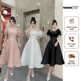 Váy dự tiệc phuongbabi cổ yếm đính hoa tay tơ M60