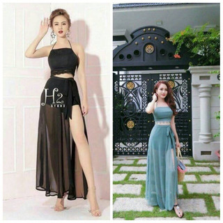 (free chỉnh sửa váy) Sét maxi bikini 3 món áo yếm + váy xẻ tà + quần váy