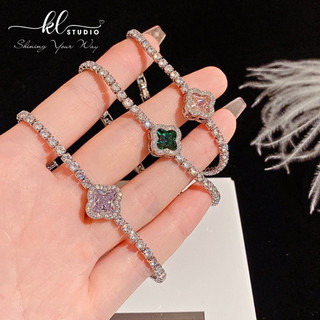 Vòng Tay Đính Đá Zircon Cỏ Bốn Lá Lắc Tay Nữ Đá Zircon Hoa 4 Cánh Vòng Tay Mạ Vàng Sang Chảnh Lắc Tay Mạ Vàng - B19
