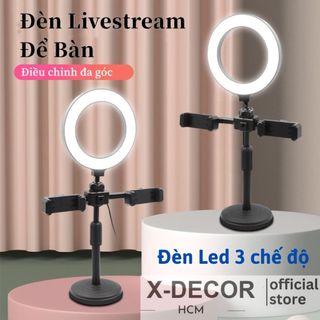 Đèn led livestream để bàn có 2 kẹp gắn điện thoại đèn led chỉnh ánh sáng 3 màu, đèn livestream
