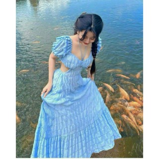 Đầm maxi đi biển, đi du lịch cực xinh cho các nàng, đầm maxi đũi mocking có mút dáng dài xòe  tay bồng khoét eo 4 màu