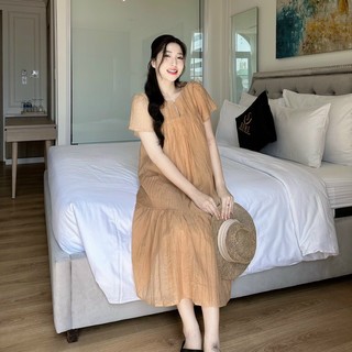 Váy babydol dáng dài đuôi cá chất voan tơ hai lớp, đầm bầu cộc tay mùa hè 2 màu hàng thời trang