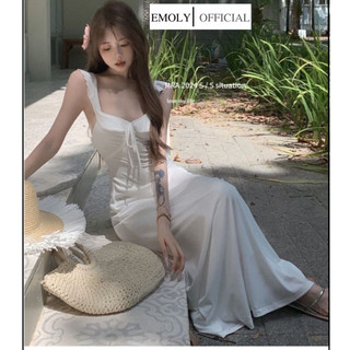 Đầm body dáng dài, Váy hai dây viền bèo cúp ngực thắt nơ màu trắng dáng suông quyến rũ thời trang mùa hè cho nữ