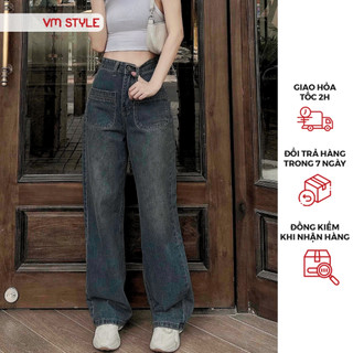 Quần jean denim nữ VMSTYLE ống rộng cạp cao trơn 2 túi hộp trước kiểu basic đi học, đi chơi QJR00172
