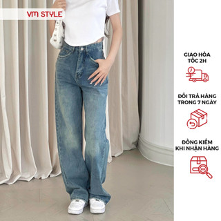 Quần jean ống rộng denim nữ VMSTYLE cạp cao túi lua tua xước kiểu trơn basic đi học, đi làm QJR00169