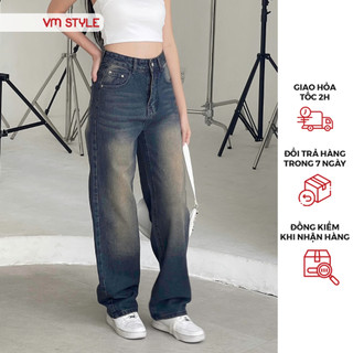 Quần jean ống rộng denim nữ VMSTYLE cạp cao trơn lai thường wash màu cao cấp basic đi học QJR00196