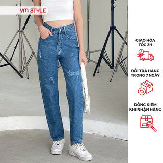 Quần jean nữ VMSTYLE baggy lưng cao tạo xước dáng suông form đẹp - QJB00009