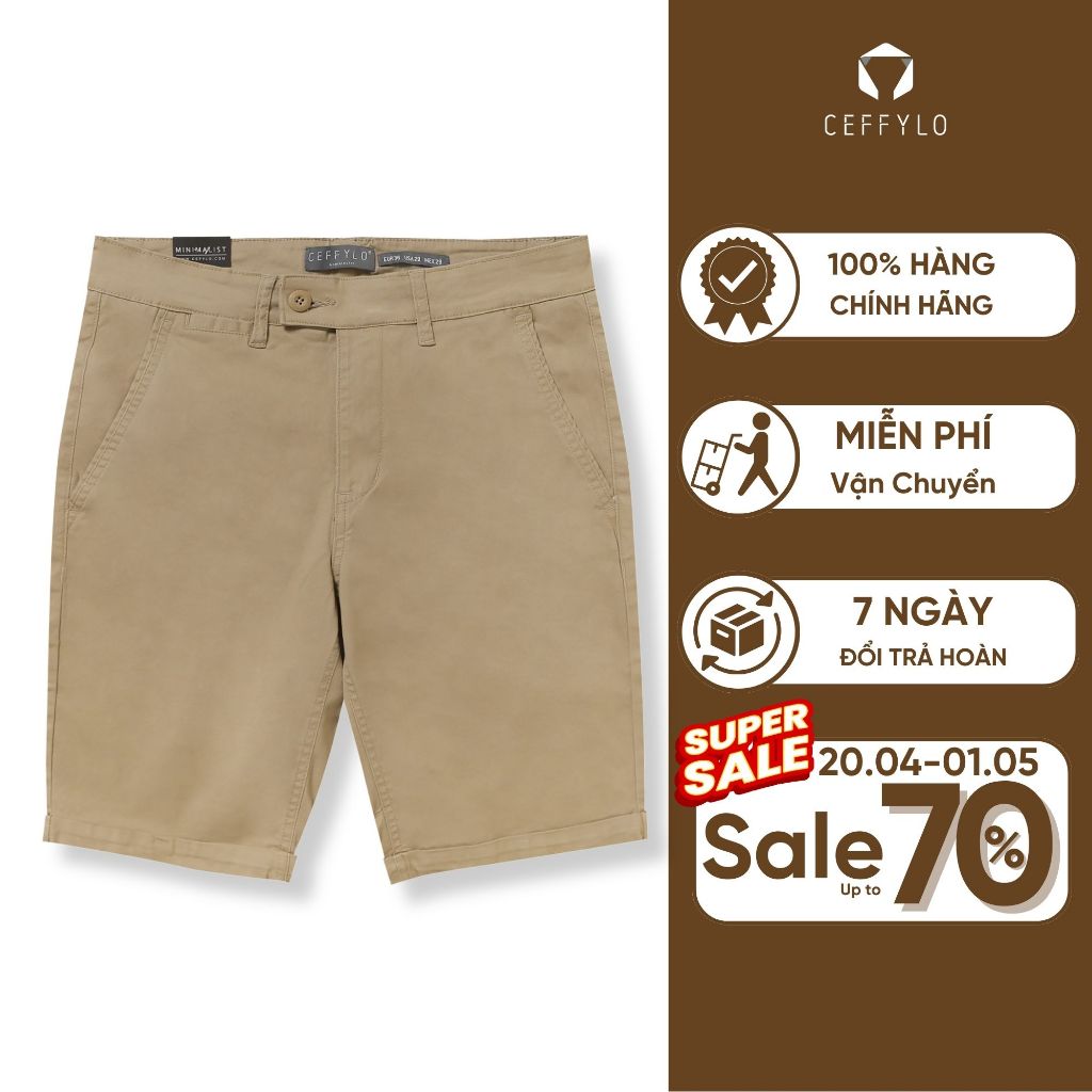 Quần short nam CEFFYLO màu camel chất khaki thoáng mát có độ bền cao co giãn thoải mái trẻ trung thời trang nam