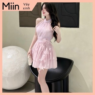 Váy tơ cổ yếm bèo hoa eo 2 tầng