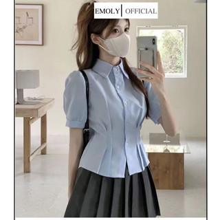 Áo sơ mi nữ, áo cổ đức, tay bồng, triết eo tôn dáng màu trắng, màu xanh đi học, đi làm