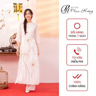 Áo dài Như Ý trắng, áo dài truyền thống màu kem cổ hai phân, áo dài 4 tà chất tơ organza Áo dài Phạm Hương
