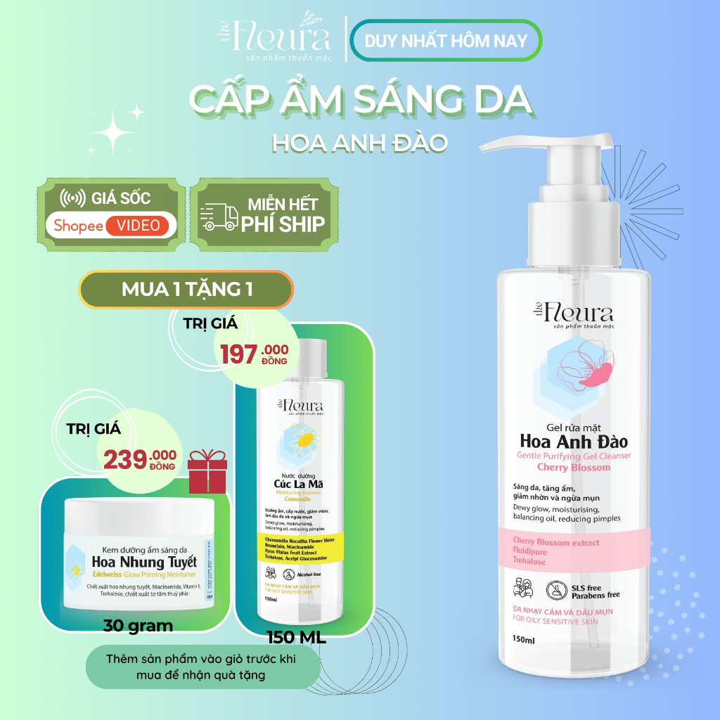 Sữa Rửa Mặt Cấp Ẩm Sáng Da The Fleura Cherry Blossom Gel Cleanser, Không Chứa Xà Phòng, Gel Rửa Mặt Hoa Anh Đào 150ml