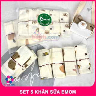 Set 5 khăn sữa Muslin Emom Cho Bé, Khăn Xô Emom Cao Cấp, Mềm Mại, Thấm Hút Chính Hãng