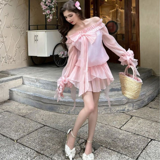 Đầm voan phối trễ vai dài tay màu hồng kèm quần OMOROSE DRESS chất liệu voan tơ mềm có lót lụa