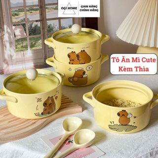 Bát ăn mì cute Gấu nâu Tô ăn mì dễ thương Bát ăn cơm lớn kèm thìa màu sắc, họa tiết đẹp Ogi Home